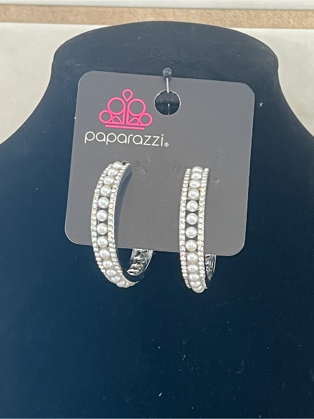 Paparazzi Silver Pearl & Crystal Double-Row Hoop Earrings